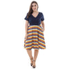 Plunge Neck Short Sleeve Plaid Stripe Plus Size A-line Women Dress