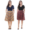 Plunge Neck Short Sleeve Plaid Stripe Plus Size A-line Women Dress