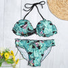 Sexy Halter Neck Backless Padded Leaves Printing Low Waist Women Bikini Set