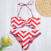 Halter Neck Backless Padded Chevron Stripe Low Waist Women Bikini Set
