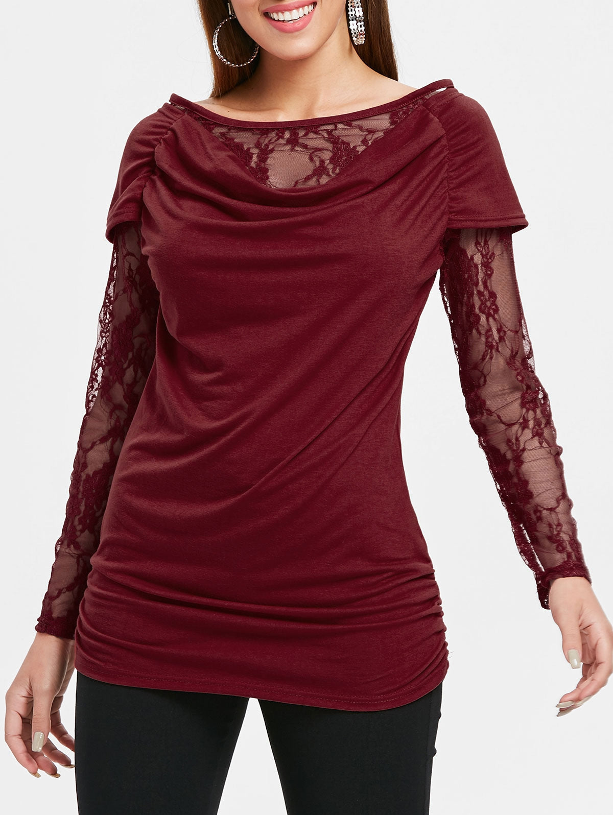 Lace Long Sleeve Ruched T-shirt