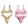 Shoulder Strap Backless Padded Foil Solid Color Low Waist Women Bikini Set