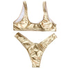 Shoulder Strap Backless Padded Foil Solid Color Low Waist Women Bikini Set