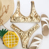 Shoulder Strap Backless Padded Foil Solid Color Low Waist Women Bikini Set