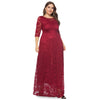Round Collar 3/4 Sleeve Lace Crochet Plus Size Pocket Women Maxi Dress