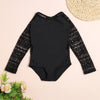LETING Girls Swimwear Black Lace Long Sleeves Backless Sunscreen Swimsuit