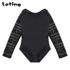 LETING Girls Swimwear Black Lace Long Sleeves Backless Sunscreen Swimsuit