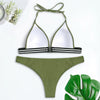 Halter Neck Backless Padded Stripe Low Waist Women Bikini Set
