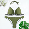Halter Neck Backless Padded Stripe Low Waist Women Bikini Set