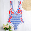 Plunge Neck Criss-cross Padded Ruffle Floral Print High Waist Women Bikini Set