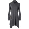 Funnel Collar Long Sleeve Button Pocket Asymmetric Women Dress