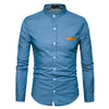 Stand Collar Long Sleeve Spliced Leather Pocket Button Men Shirt