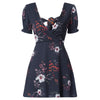 Plunge Neck Short Sleeve Floral Print Backless Tied Strap Women Mini Dress