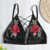 Spaghetti Strap Lace-up Floral Embroidery PU Women Crop Top