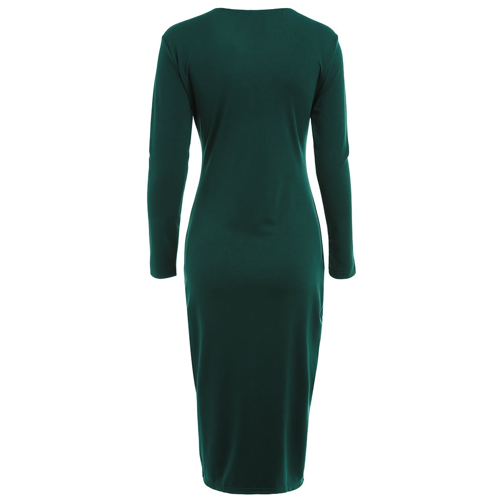 Plunging Neck Front Slit Long Sleeve Twist Bodycon Dress