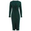 Plunging Neck Front Slit Long Sleeve Twist Bodycon Dress