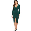 Plunging Neck Front Slit Long Sleeve Twist Bodycon Dress