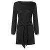 Boat Neck Long Lantern Sleeve Tied Strap Solid Color Women Bodycon Dress