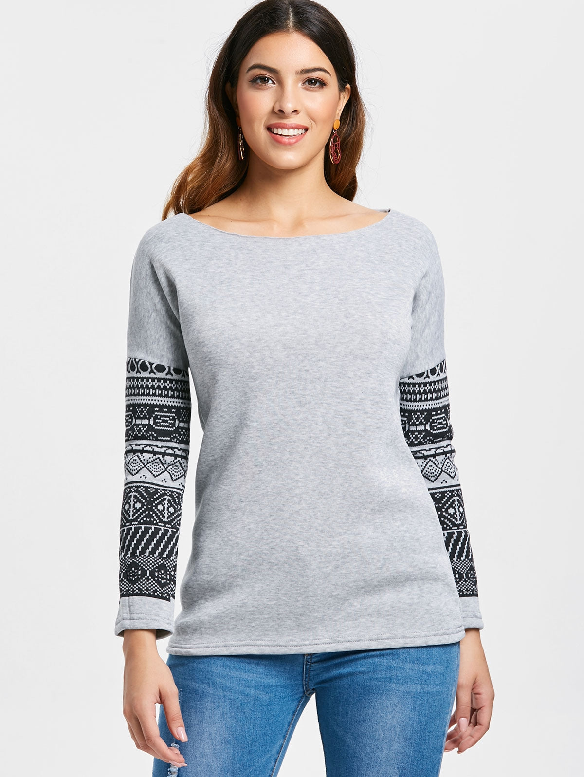 Casual Scoop Neck Geometric Print Spliced Thick Sweatshirt For Women