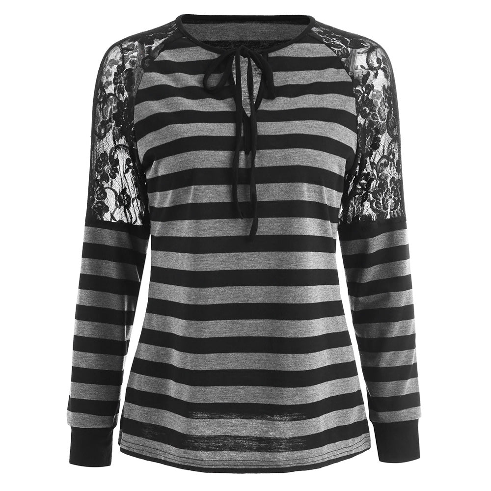 Long Sleeve Lace Insert Striped T-shirt