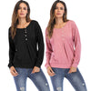 Round Collar Long Sleeve Button Loose Women T-shirt