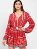 Elastic Waist Long Sleeve Bohemia Print Dress