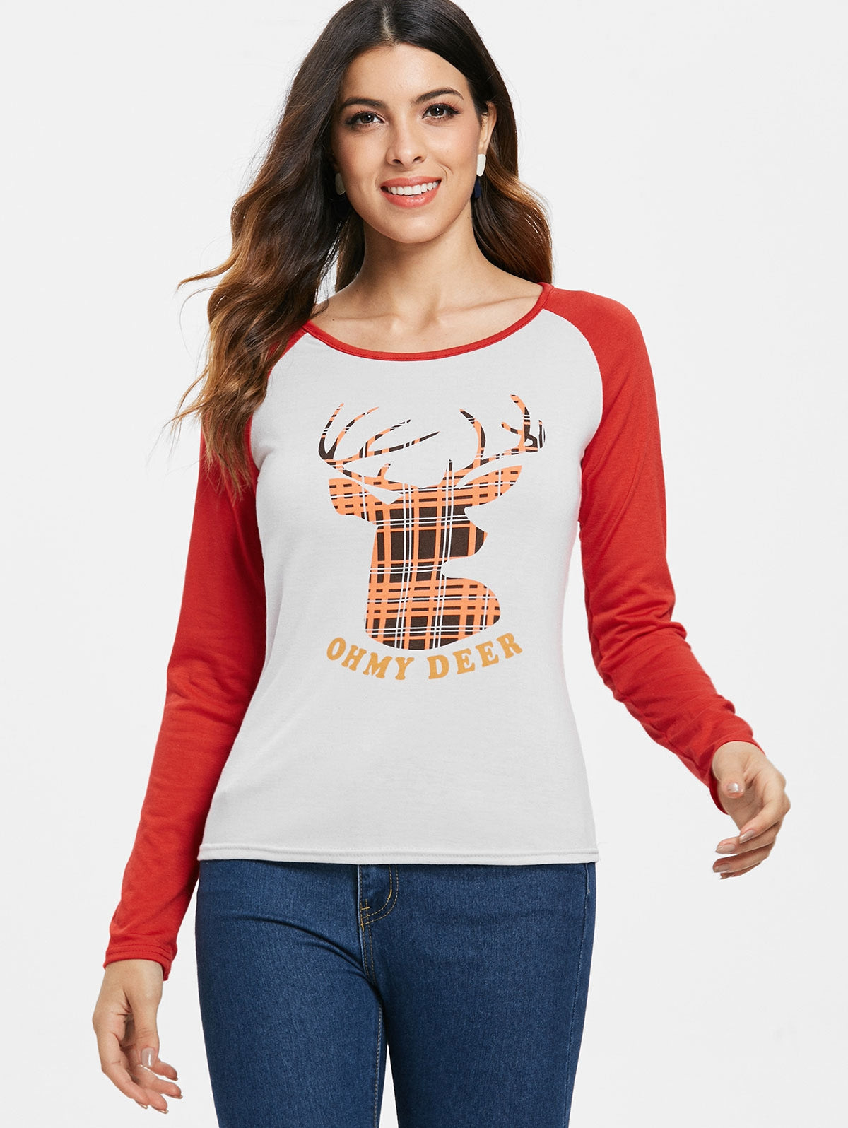 Christmas Slash Neck Long Sleeve Deer Pattern T-Shirt For Women