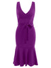 Ruffle Hem Plunge Mid Calf Dress with Belt