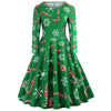 Vintage Round Collar Long Sleeve Christmas Print Women A Line Dress