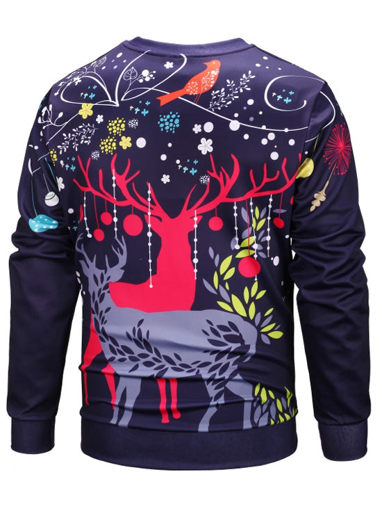 Christmas Elk Flowers Print Loose Sweatshirt