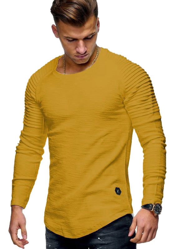 Solid Color Sleeve Pleated Patch Detail Long Sleeve T-shirt