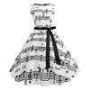 Vintage Boat Neck Sleeveless Belted A-line Women Note Print Dress