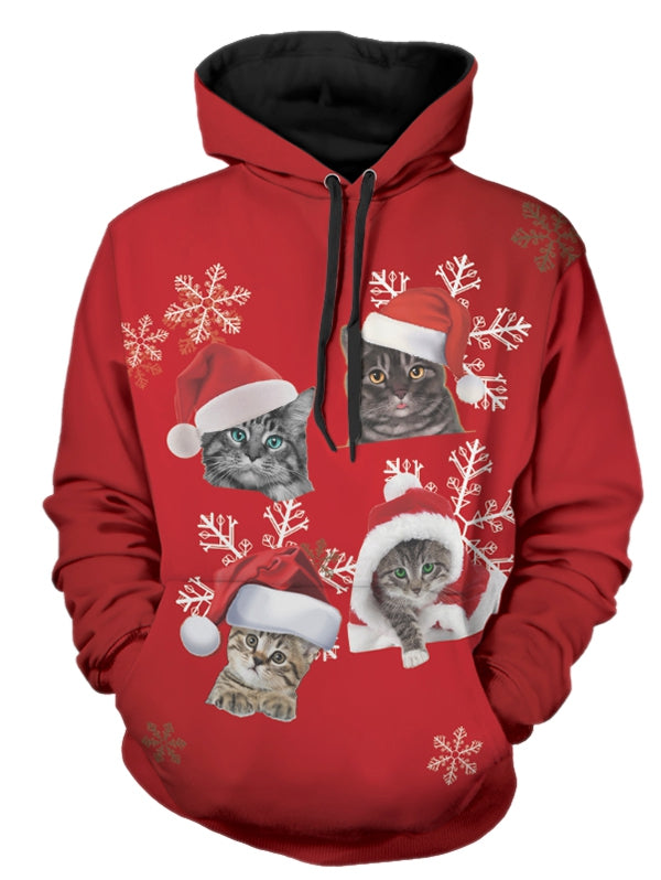 Christmas Cats Print Pullover Hoodie