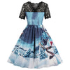 Round Collar Short Sleeve Spliced Lace Christmas Print A-line Women Dress