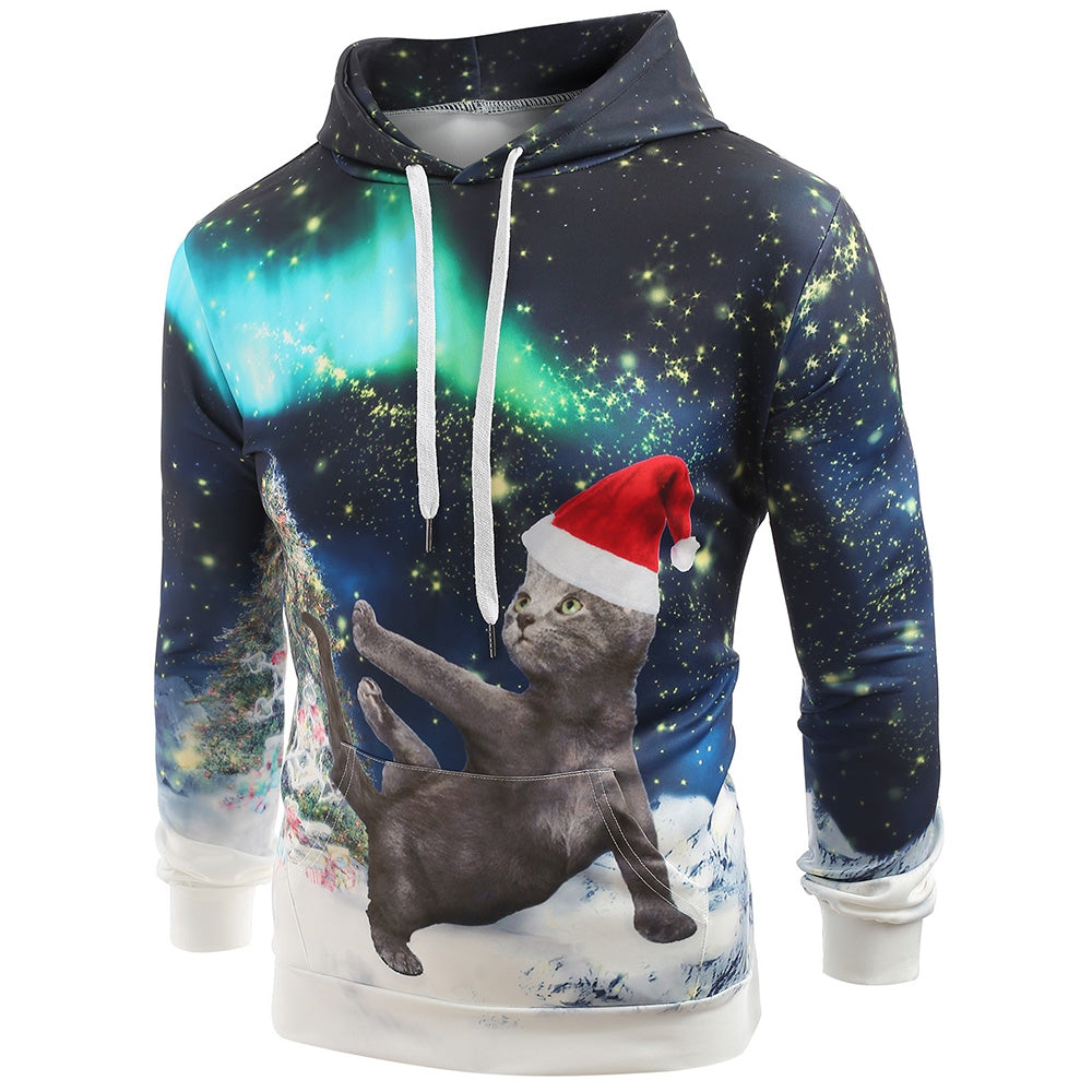 Looking Up Cat with Christmas Hat Print Casual Hoodie