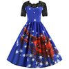 Round Collar Lace Stitching Short Sleeve Christmas A-line Women Vintage Dress