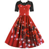 Round Collar Lace Stitching Short Sleeve Christmas A-line Women Vintage Dress