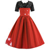 Round Collar Lace Stitching Short Sleeve Christmas A-line Women Vintage Dress