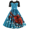 Round Collar Lace Stitching Short Sleeve Christmas A-line Women Vintage Dress