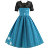 Round Collar Lace Stitching Short Sleeve Christmas A-line Women Vintage Dress
