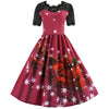Round Collar Lace Stitching Short Sleeve Christmas A-line Women Vintage Dress