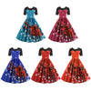 Round Collar Lace Stitching Short Sleeve Christmas A-line Women Vintage Dress