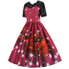 Round Collar Lace Stitching Short Sleeve Christmas A-line Women Vintage Dress