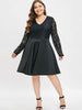 Plus Size Plunging Neck Lace Sleeve A Line Dress