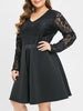 Plus Size Plunging Neck Lace Sleeve A Line Dress
