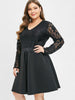 Plus Size Plunging Neck Lace Sleeve A Line Dress