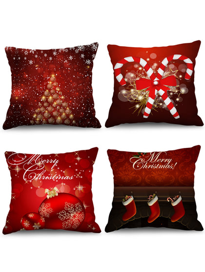 4PCS Christmas Ball Candy Cane Stocking Printed Pillow Cover