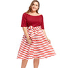 Off The Shoulder Half Sleeve Stripe Print Bowknot A-line Plus Size Women Dress
