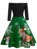 Off The Shoulder Christmas Elk Print Dress
