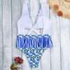 Plunge Neck Criss-cross Strap Backless Floral Print Ruffle Women Swimsuit
